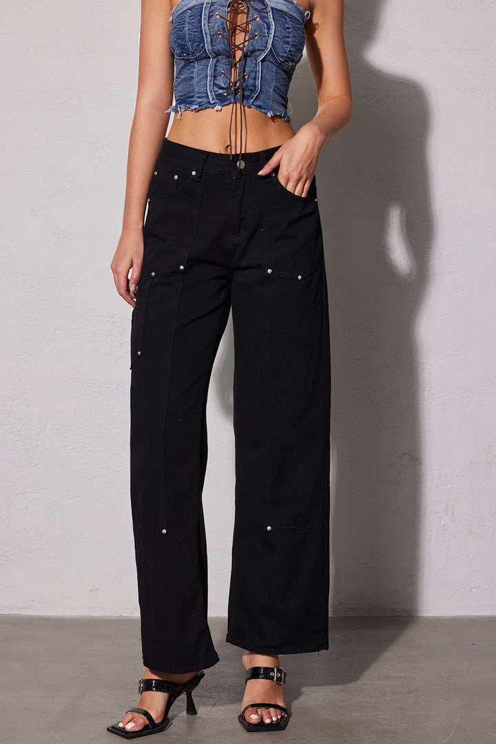 Damskie Jeansy Z Kieszeniami | Szerokie Nogawki-Women Jeans-Miloska
