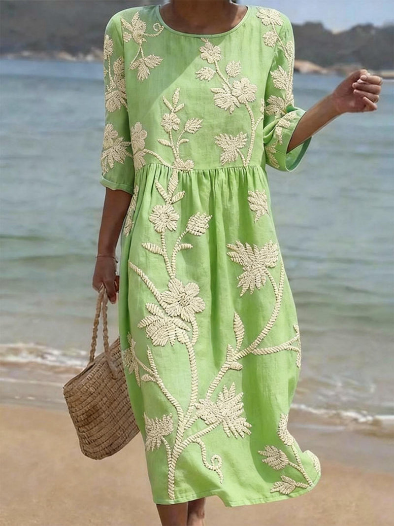 Damskie Kwiatowe Sukienka Midi - Elegancka Klasyka - Miętowy Zielony