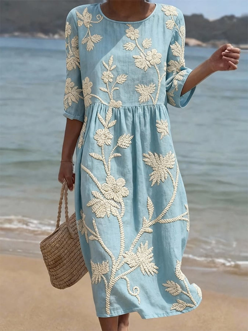 Damskie Kwiatowe Sukienka Midi - Elegancka Klasyka - Niebieski