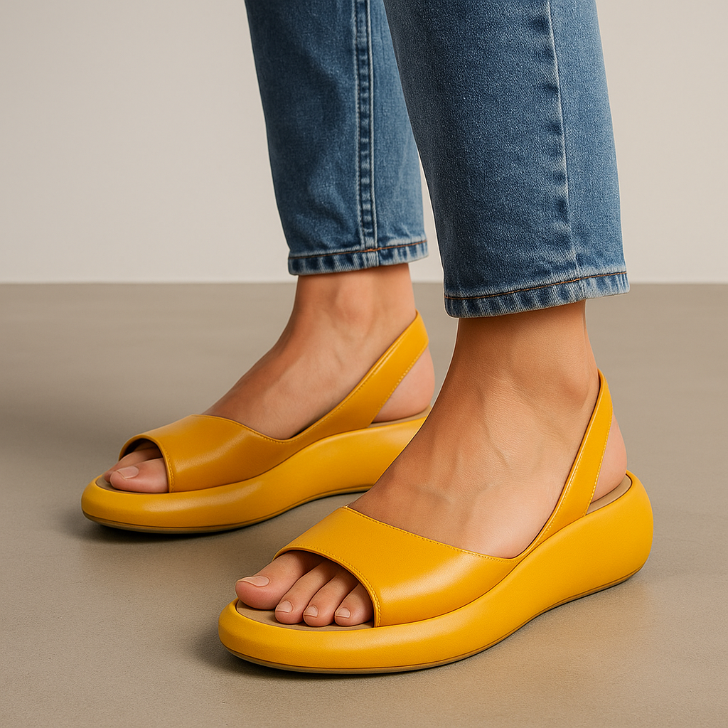 Damskie Sandały Otwarte Slingback - Letnie Płaskie - Żółty