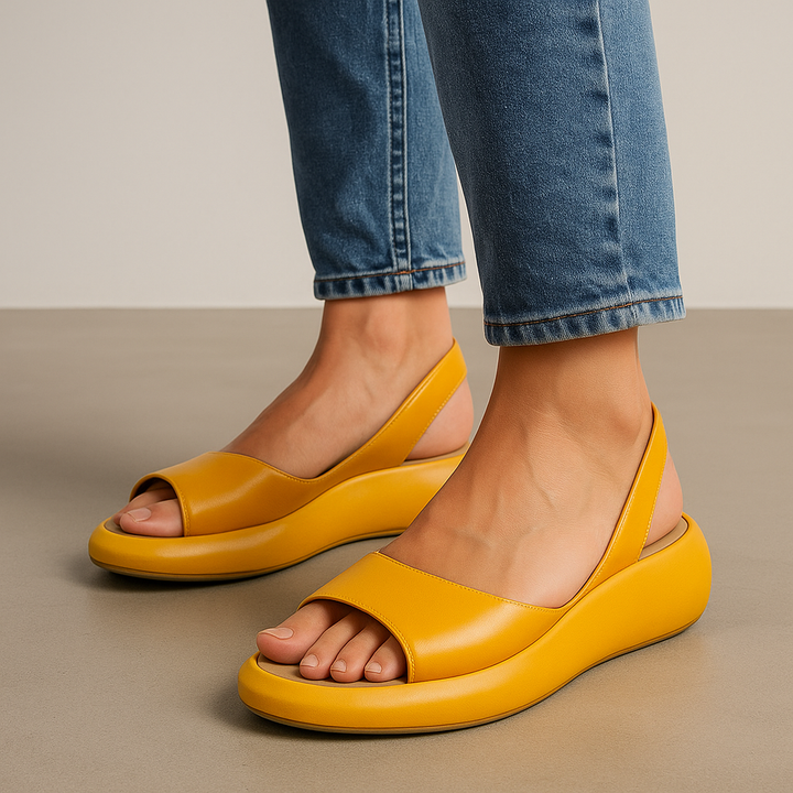 Damskie Sandały Otwarte Slingback - Letnie Płaskie - Żółty
