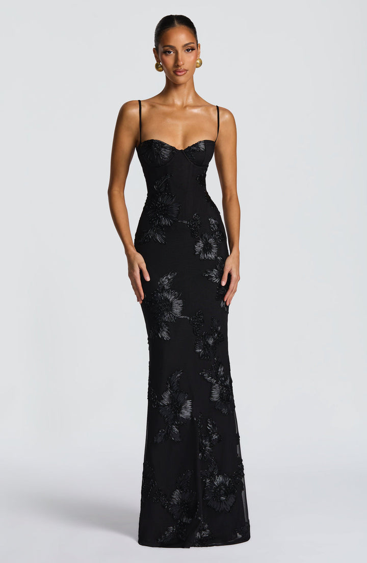 Damskie Sukienka Maxi Kwiaty Gorset - Elegancka na Wesele - Czarny
