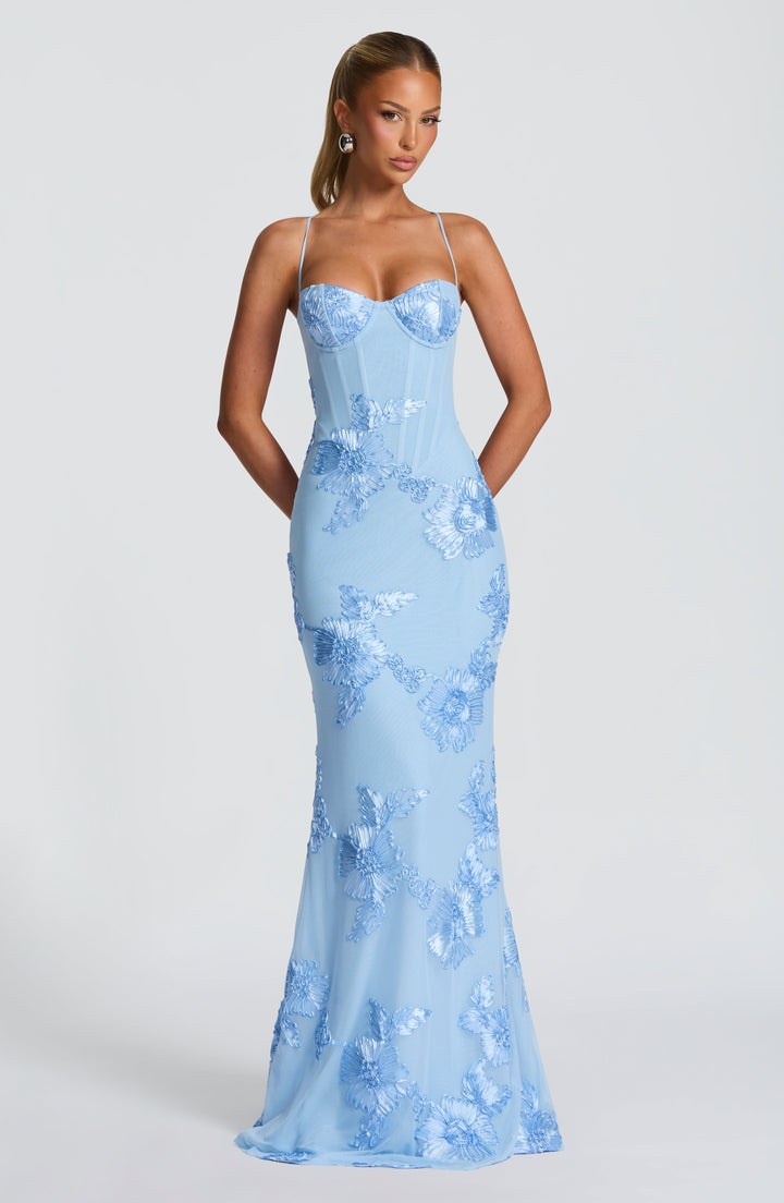 Damskie Sukienka Maxi Kwiaty Gorset - Elegancka na Wesele - Jasnoniebieski
