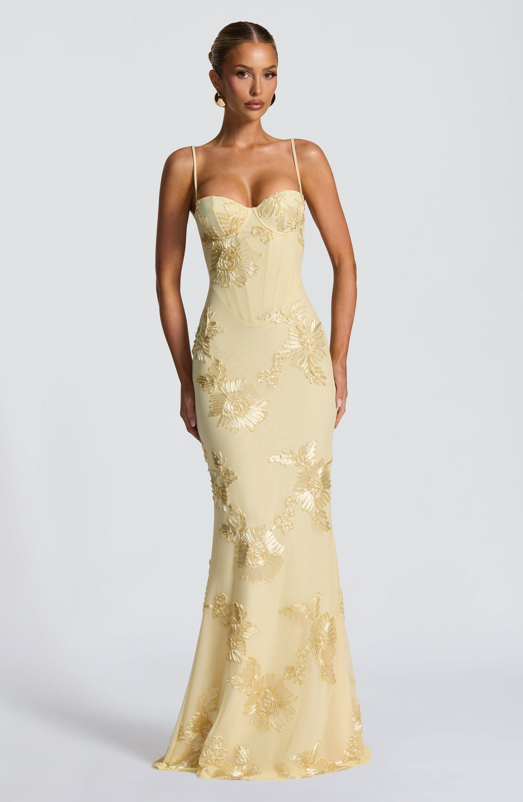 Damskie Sukienka Maxi Kwiaty Gorset - Elegancka na Wesele - Żółty