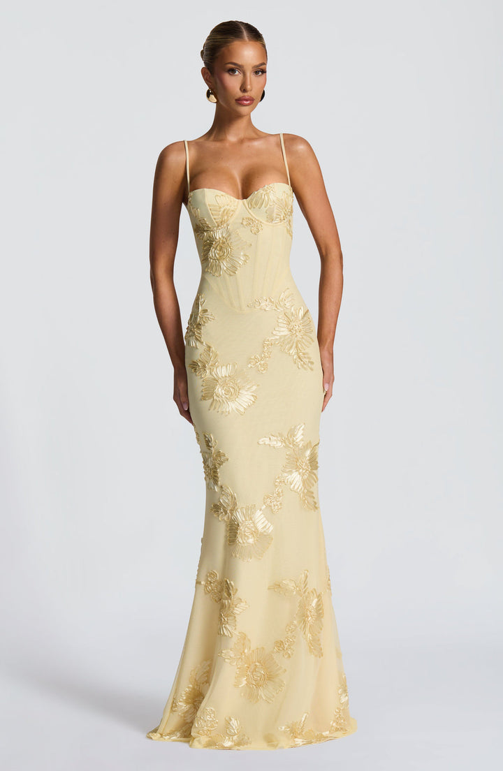 Damskie Sukienka Maxi Kwiaty Gorset - Elegancka na Wesele - Żółty