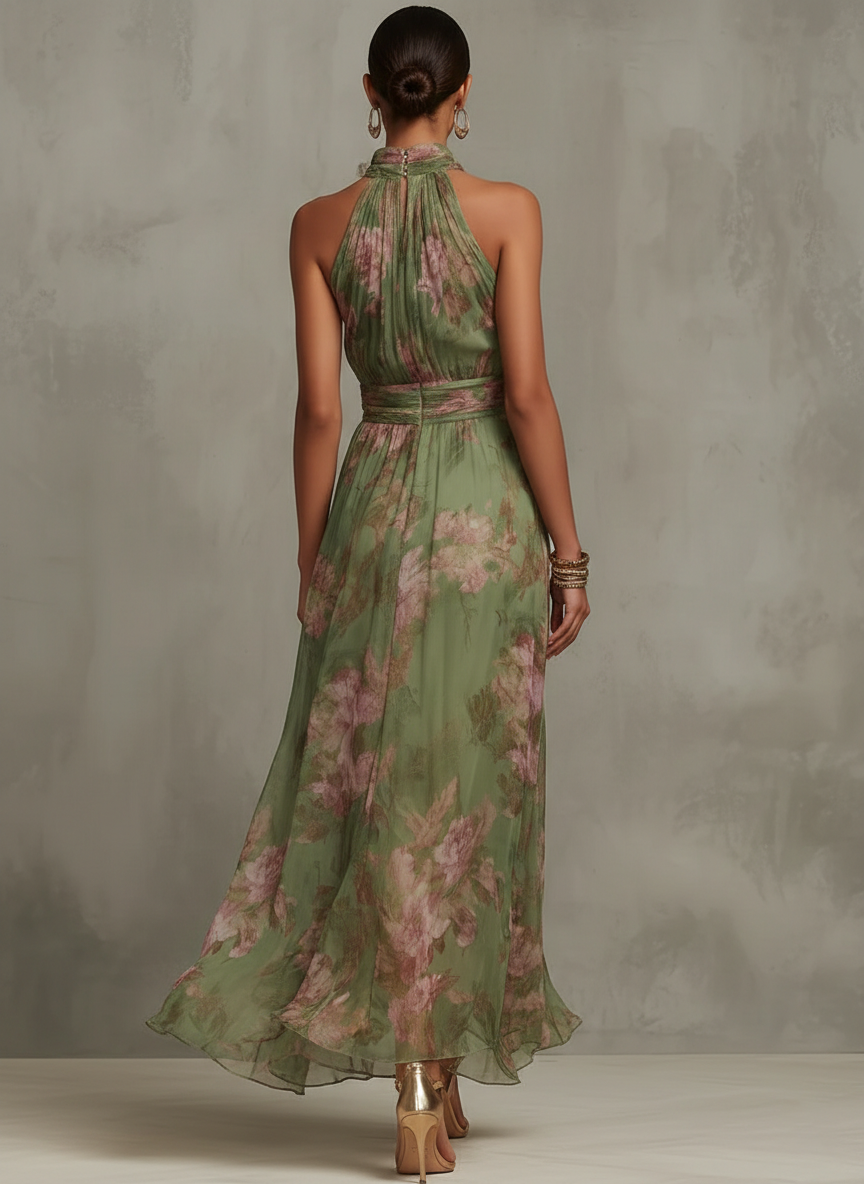 Damskie Sukienka Maxi Kwiaty Halter - Letnia Elegancja