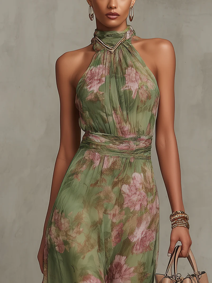 Damskie Sukienka Maxi Kwiaty Halter - Letnia Elegancja