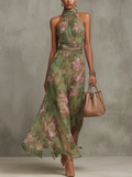 Damskie Sukienka Maxi Kwiaty Halter - Letnia Elegancja - Zielony