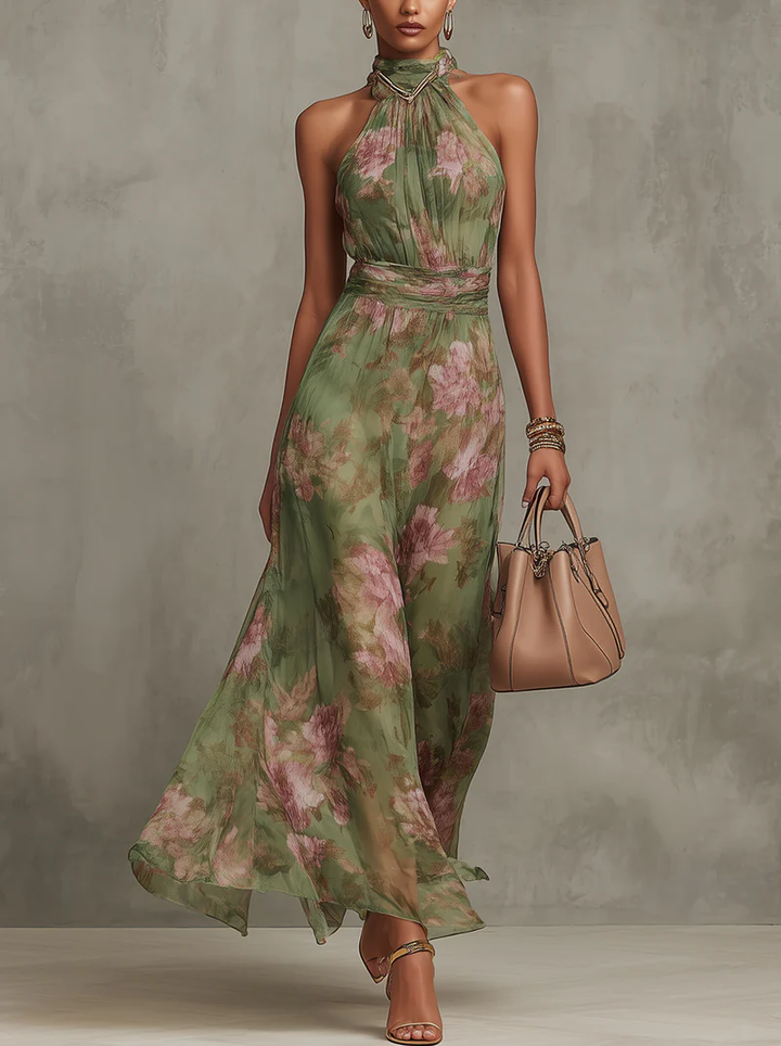 Damskie Sukienka Maxi Kwiaty Halter - Letnia Elegancja - Zielony
