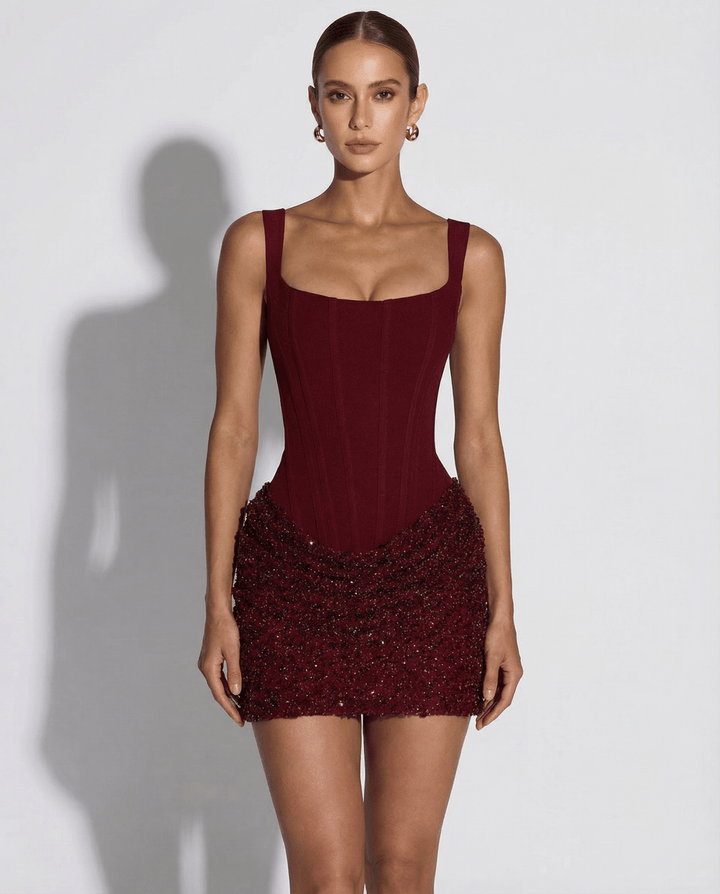 Damskie Sukienka Mini Gorset Sznurowanie - Elegancka - Czerwony