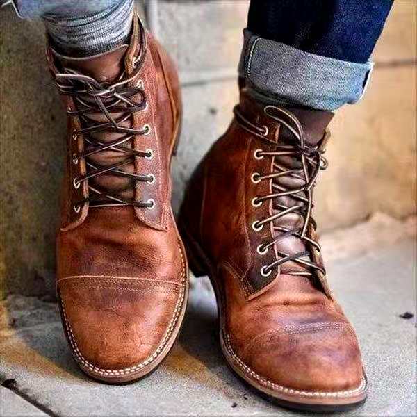 Męskie Buty Sznurowane Vintage - Skóra i Solidny Design - Brązowy