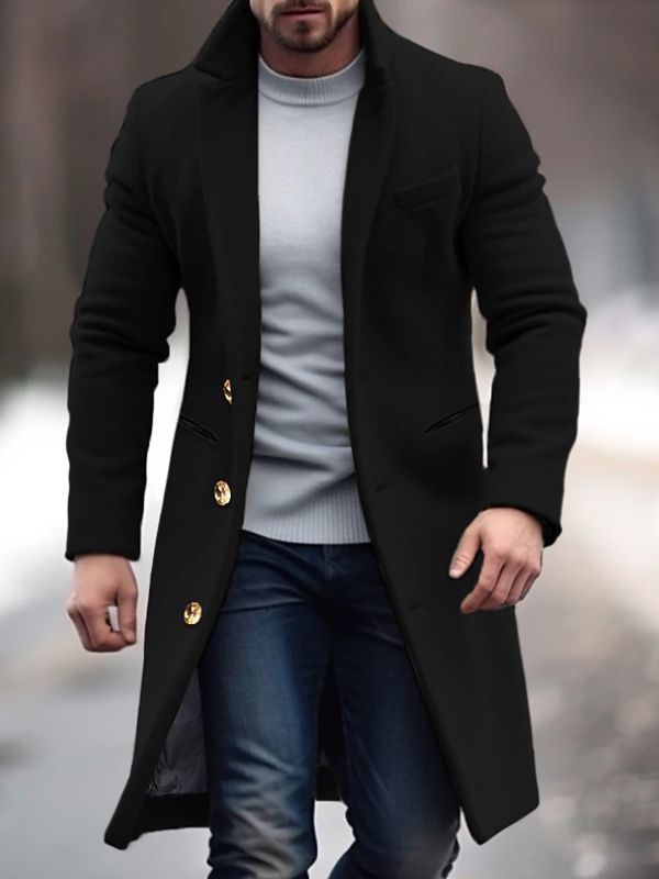 Męskie Długa Jas Elegancka - Nowoczesny Styl z Guzikami - Czarny