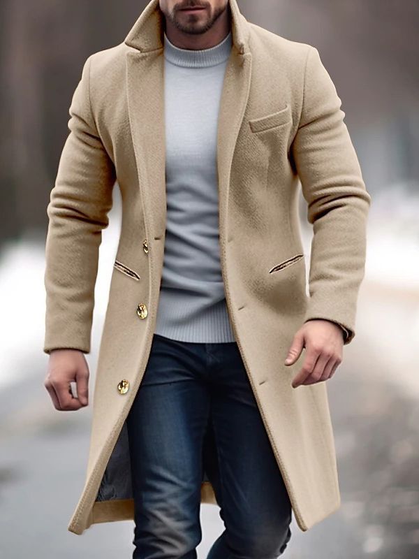 Męskie Długa Jas Elegancka - Nowoczesny Styl z Guzikami - Khaki