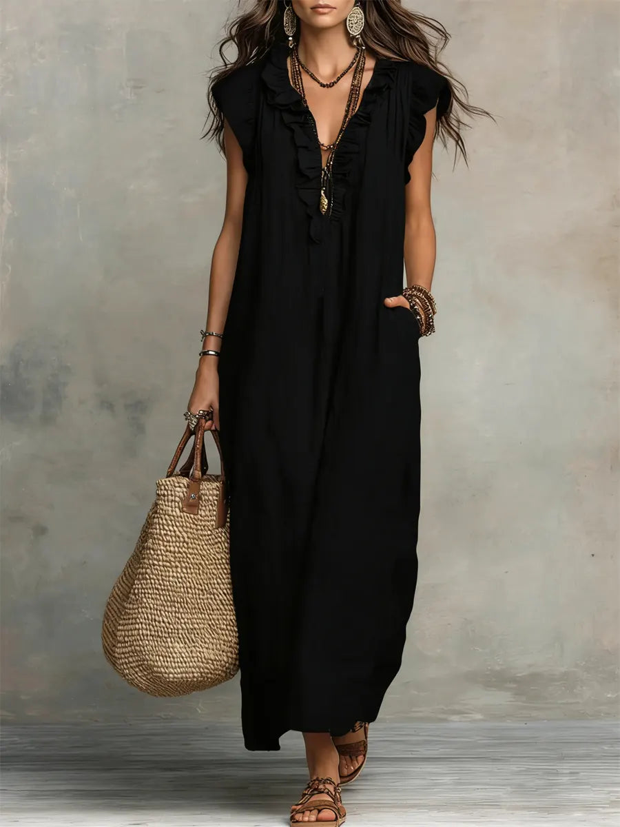 Męskie Długa Sukienka Bohemska - Elegancka Luźna Fason - Czarny