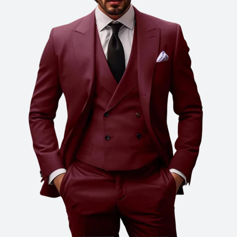 Męskie Eleganckie Trzyczęściowe Garnitury - Formalne Okazje - Ciemnoczerw