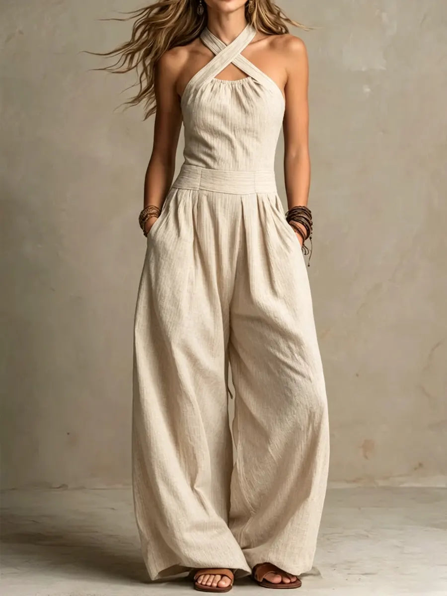 Męskie Kombinezony Eleganckie - Jumpsuit Lniany - Beżowy