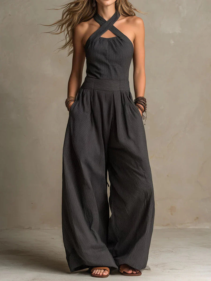 Męskie Kombinezony Eleganckie - Jumpsuit Lniany - Czarny