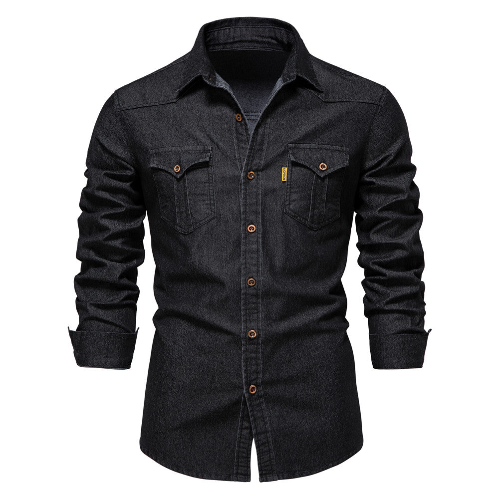 Męskie Koszula Denim - Casual Slim Fit Stretch - Czarny