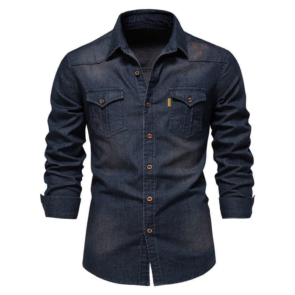 Męskie Koszula Denim - Casual Slim Fit Stretch - Granatowy