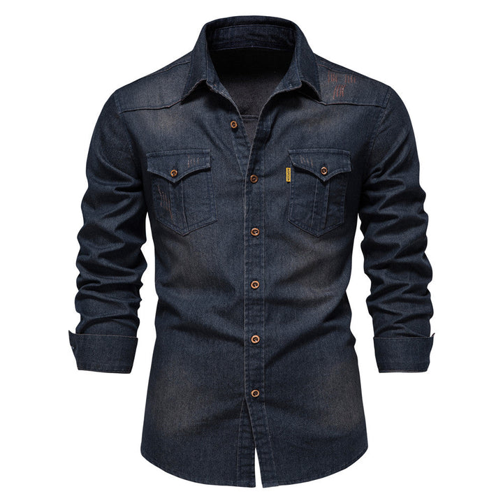 Męskie Koszula Denim - Casual Slim Fit Stretch - Granatowy