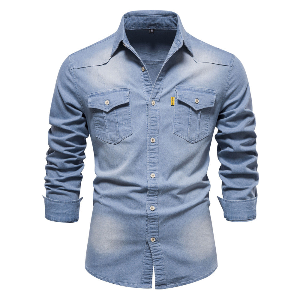 Męskie Koszula Denim - Casual Slim Fit Stretch - Jasny Niebieski