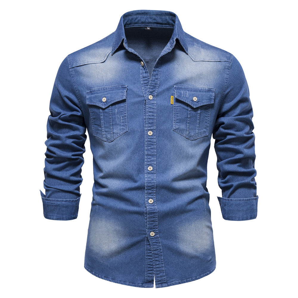Męskie Koszula Denim - Casual Slim Fit Stretch - Niebieski