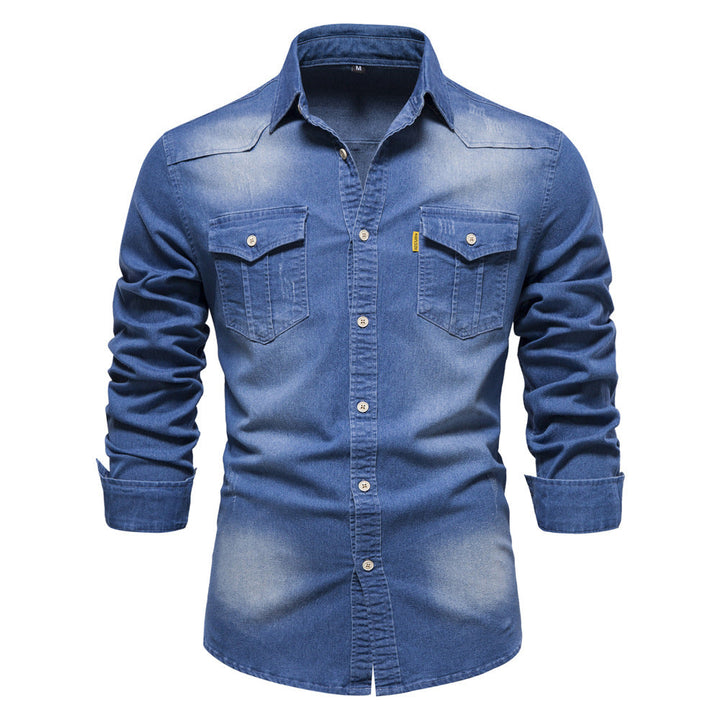 Męskie Koszula Denim - Casual Slim Fit Stretch - Niebieski