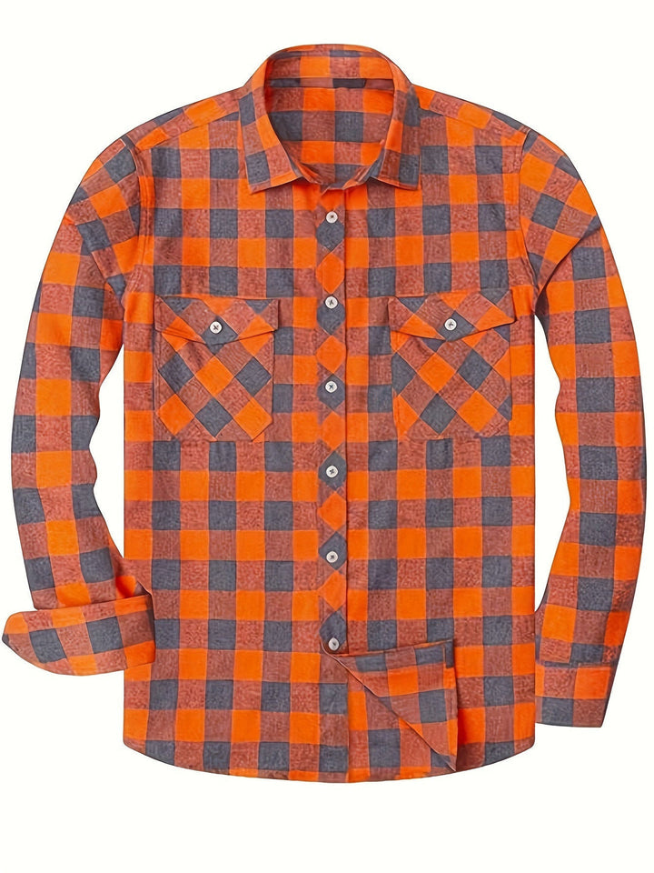 Męskie Koszula Flanelowa w Kratę - Casual Komfort - Pomarańczowy