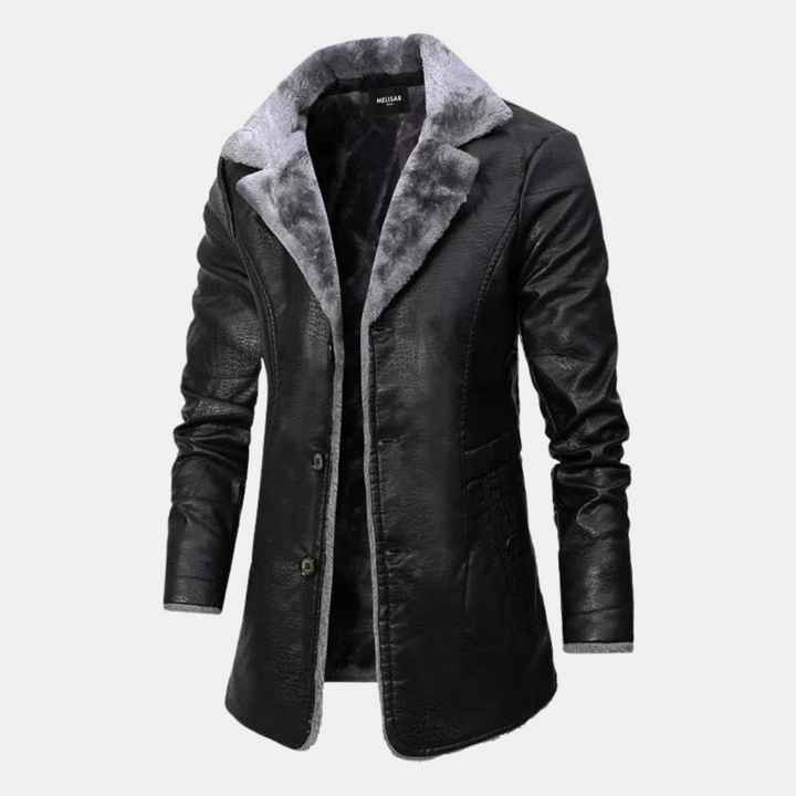 Męskie kurtka skórzana sherpa fleece - elegancki bomber - Czarny