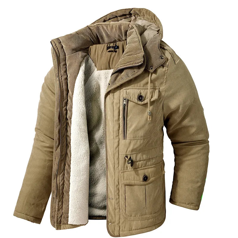 Męskie Kurtka Zimowa Parka Półdługa - Ciepła i Praktyczna - Khaki