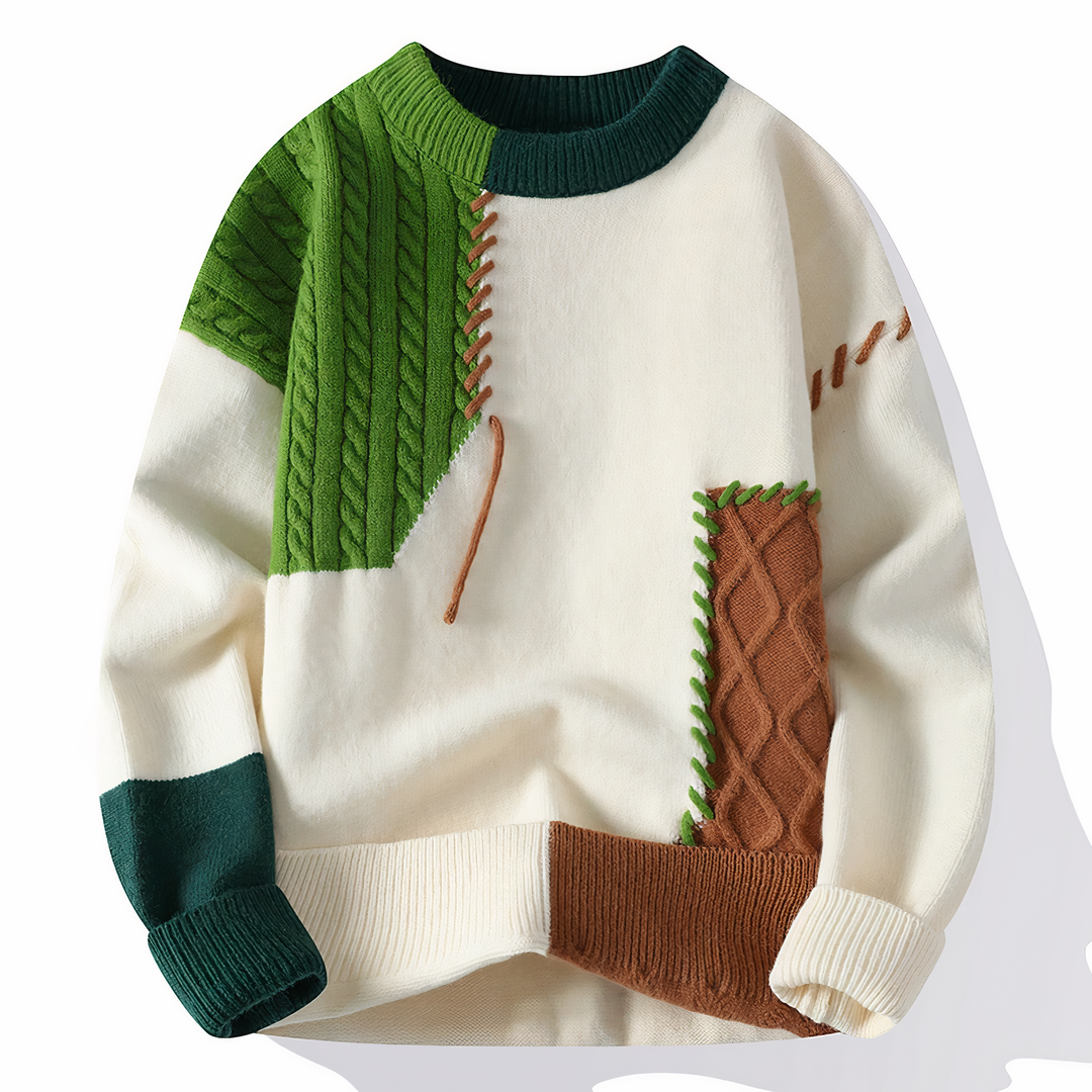 Męskie Patchwork Sweter - Nowoczesny Design - Biały-Jasny Zielony