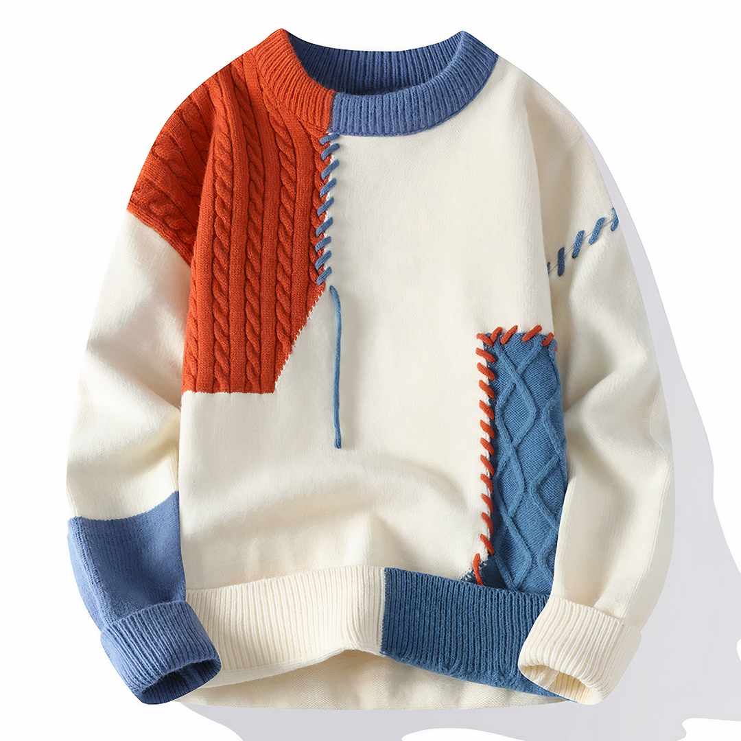 Męskie Patchwork Sweter - Nowoczesny Design - Biały-Pomarańczowy