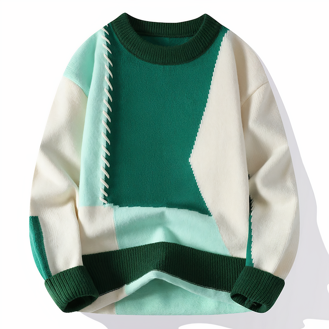 Męskie Patchwork Sweter - Nowoczesny Design - Biały-Zielony