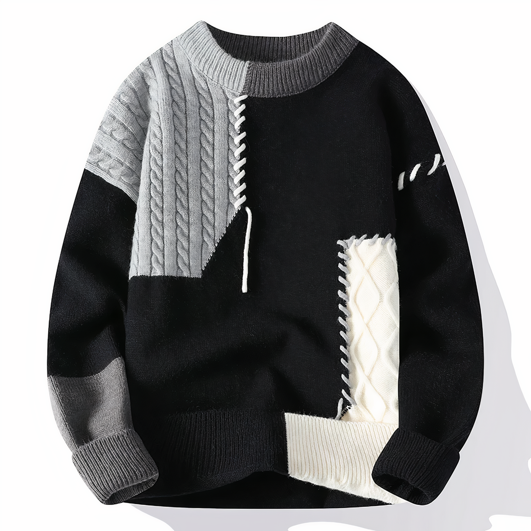 Męskie Patchwork Sweter - Nowoczesny Design - Czarny-Szary