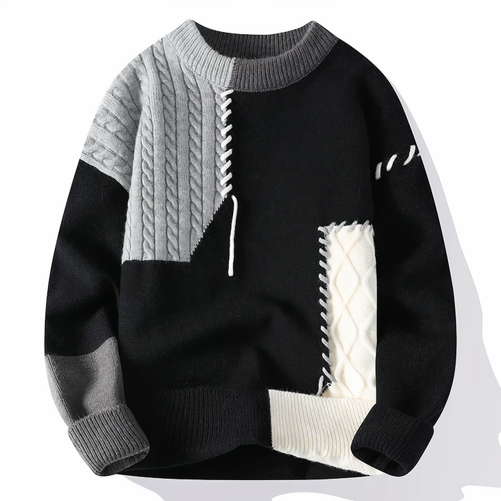 Męskie Patchwork Sweter - Nowoczesny Design - Czarny-Szary