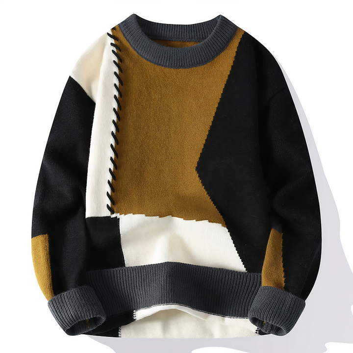 Męskie Patchwork Sweter - Nowoczesny Design - Czarny-Taupe