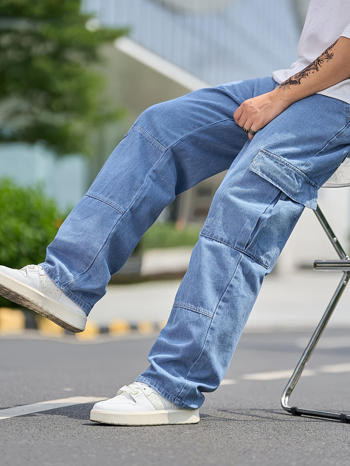 Męskie Spodnie Cargo Denim - Luźny Krój & Wiele Kieszeni