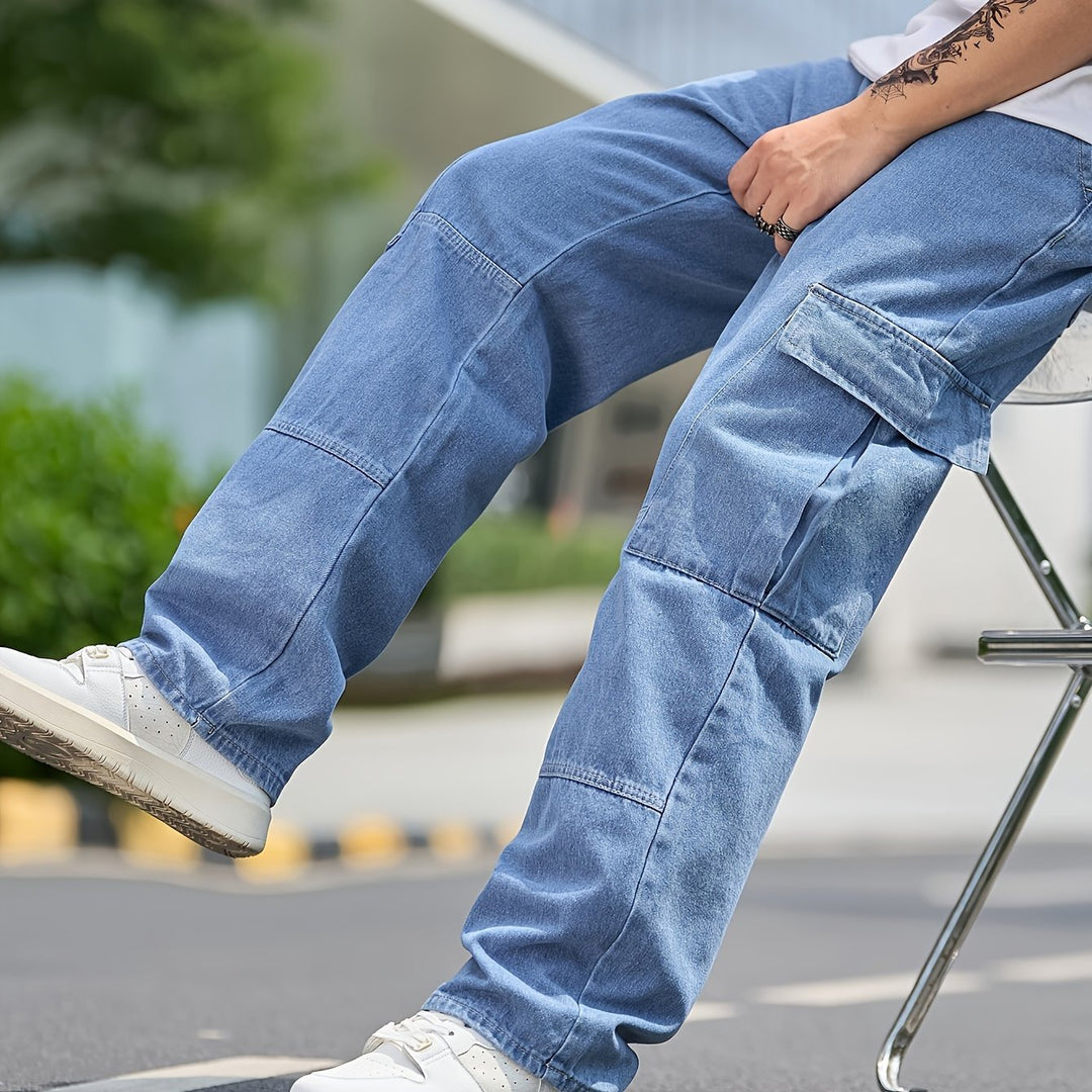 Męskie Spodnie Cargo Denim - Luźny Krój & Wiele Kieszeni - Niebieski