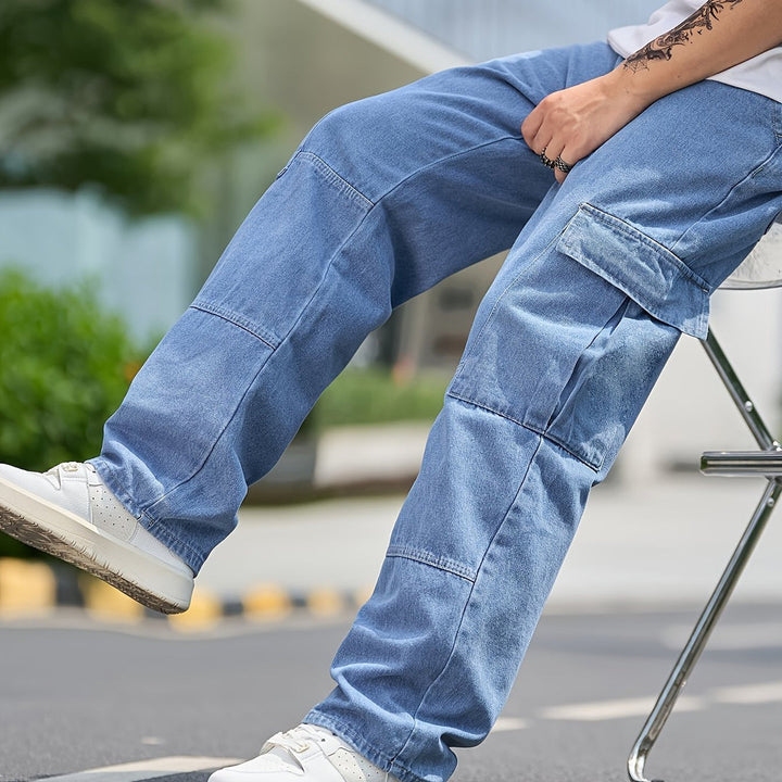 Męskie Spodnie Cargo Denim - Luźny Krój & Wiele Kieszeni - Niebieski