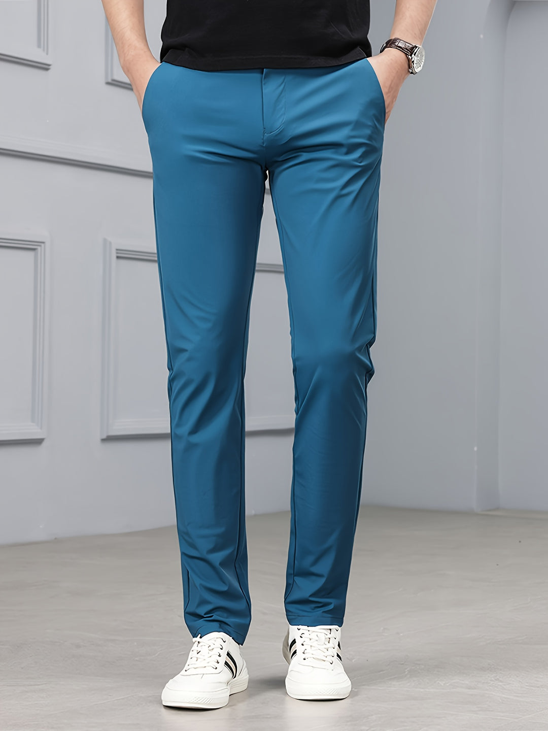 Męskie Spodnie Slim Fit - Stretch & Komfort - Niebieski-Zielony