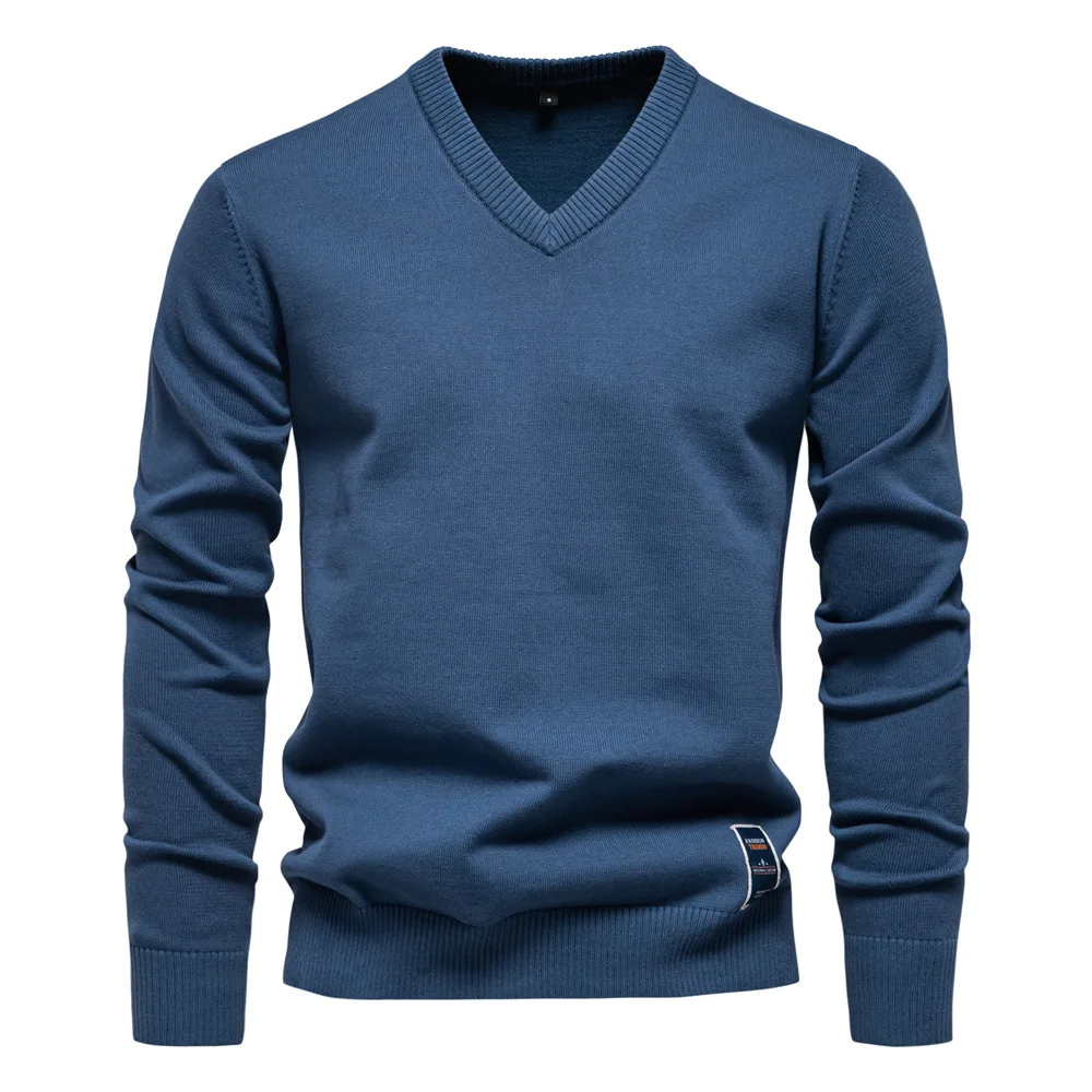 Męskie Swetry V-neck Eleganckie - Klasyczny Styl - Niebieski Morski