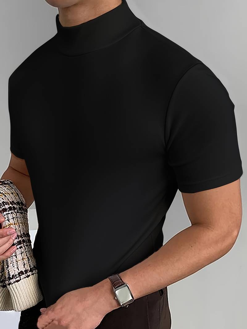 Męskie T-shirt Krótki Rękaw Kołnierz - Slim Fit Baza Letnia - Czarny